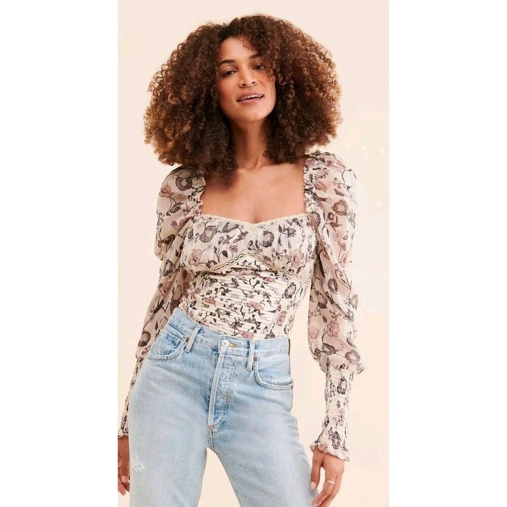 Free People Brunch Date Bodysuit XS Ivory Floral Smocked LS Romantic Cottagecore